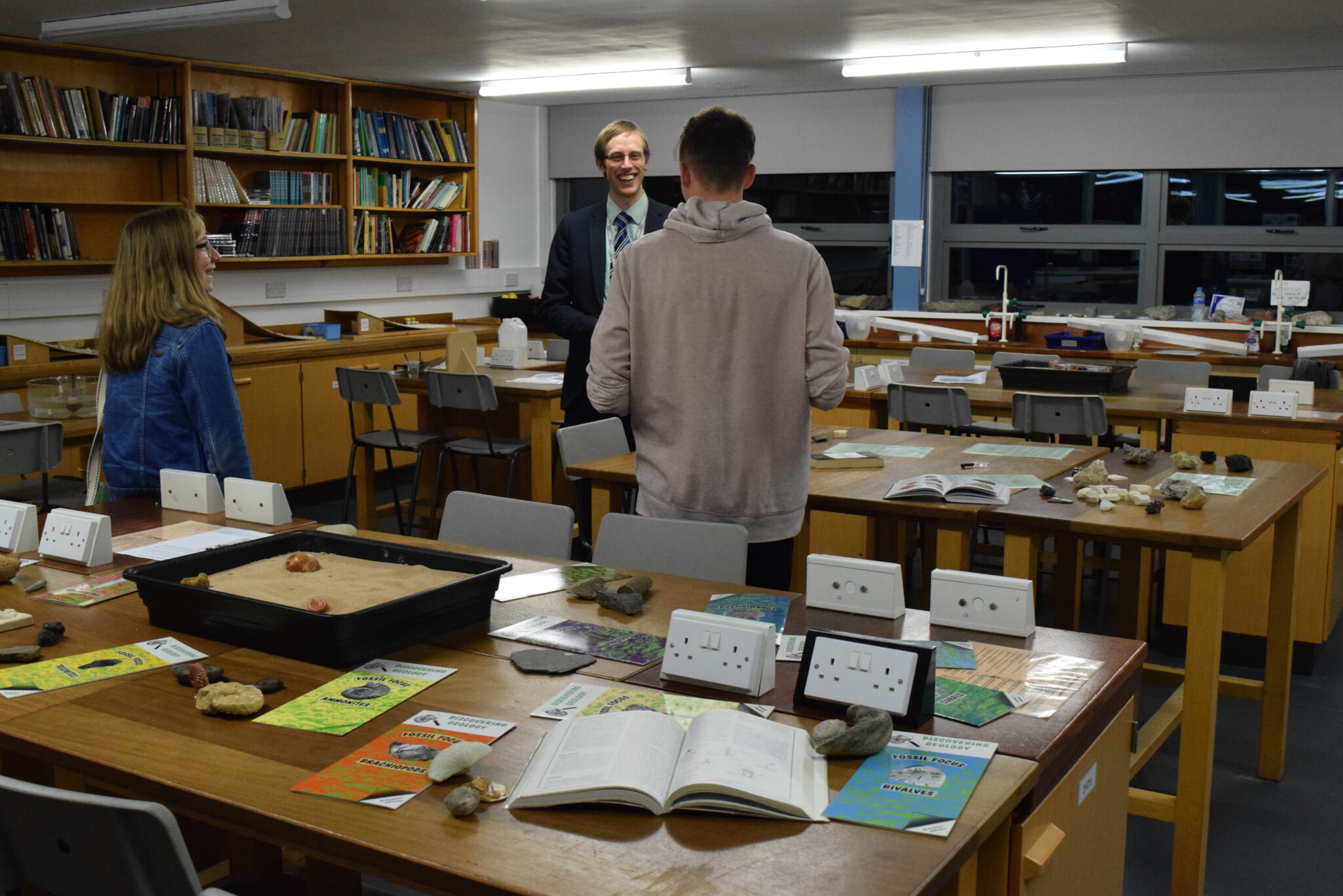 Geology lab on an Open Evening with teacher speaking to visitors
