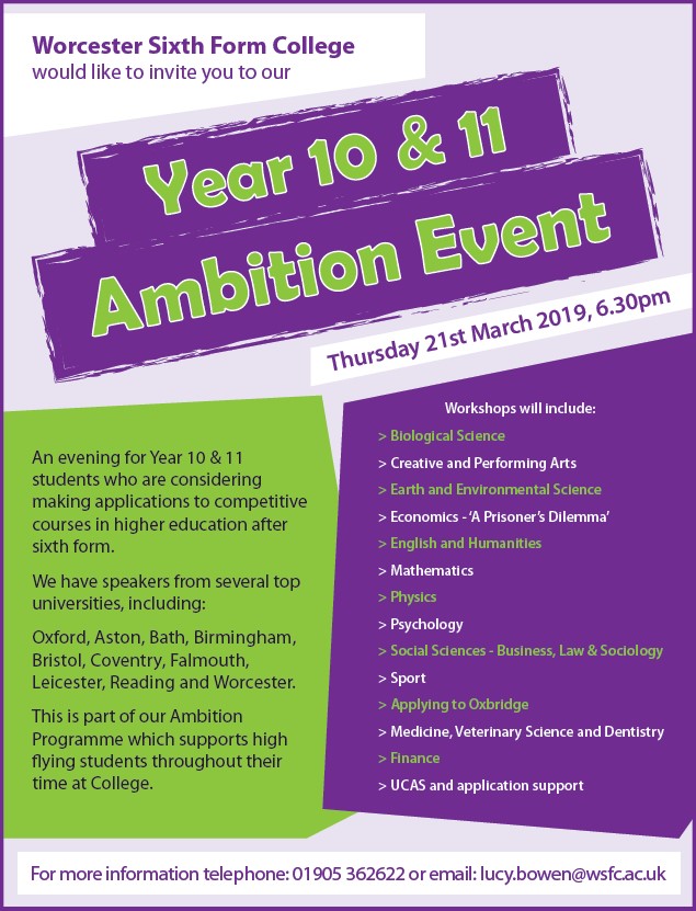 Ambition Event poster detailing visiting universities for year 10 and 11 students